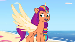 Size: 3410x1920 | Tagged: safe, screencap, sunny starscout, alicorn, pony, alicorn issues, g5, my little pony: tell your tale, spoiler:g5, spoiler:tyts01e14, beach, female, high res, mane stripe sunny, mare, open mouth, open smile, race swap, smiling, solo, spread wings, sunnycorn, wings
