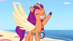 Size: 3410x1920 | Tagged: safe, screencap, sunny starscout, alicorn, pony, alicorn issues, g5, my little pony: tell your tale, spoiler:g5, spoiler:tyts01e14, artificial horn, artificial wings, augmented, beach, cute, eyes closed, female, grin, high res, horn, magic, magic horn, magic wings, mane stripe sunny, mare, race swap, smiling, solo, spread wings, sunnybetes, sunnycorn, wings