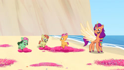 Size: 3410x1920 | Tagged: safe, screencap, bubbles (g5), slide rule, sunny starscout, alicorn, earth pony, pony, alicorn issues, g5, my little pony: tell your tale, spoiler:g5, spoiler:tyts01e14, beach, colt, female, filly, foal, glitter, high res, male, mane stripe sunny, mare, open mouth, open smile, race swap, smiling, spread wings, sunnycorn, unnamed character, unnamed pony, wings