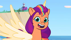 Size: 3410x1920 | Tagged: safe, screencap, sunny starscout, alicorn, pony, alicorn issues, g5, my little pony: tell your tale, spoiler:g5, spoiler:tyts01e14, beach, crystal brighthouse, female, high res, looking at you, mane stripe sunny, mare, open mouth, open smile, race swap, smiling, smiling at you, solo, spread wings, sunnycorn, wings