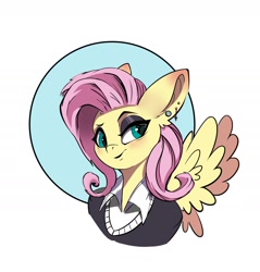 Size: 1925x2013 | Tagged: safe, artist:i love hurt, fluttershy, pegasus, pony, g4, bust, clothes, female, fluttergoth, goth, mare, nimbus, pink hair, portrait, simple background, solo, white background, wings