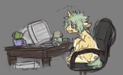 Size: 1345x821 | Tagged: safe, artist:purple-blep, oc, oc only, oc:keylime, oc:lime, pony, unicorn, chair, coffee, coffee mug, computer, mug, pc, solo, stressed