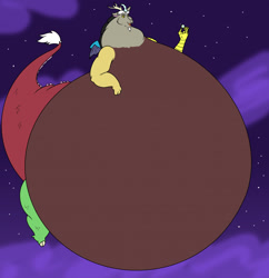 Size: 1239x1280 | Tagged: safe, artist:saintdraconis, discord, draconequus, g4, belly, bhm, big belly, fat, fat tail, huge belly, impossibly large belly, macro, male, morbidly obese, neck roll, obese, pear shaped, planet, pony bigger than a planet, solo, space, tail