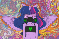 Size: 1798x1198 | Tagged: safe, artist:toxix kitkat, twilight sparkle, alicorn, anthro, g4, biohazard, bra, bust, clothes, crop top bra, cybergoth, cyberpunk, female, gas mask, mask, portrait, psychedelic, psytrance, respirator, solo, spread wings, trippy, twilight sparkle (alicorn), underwear, wallpaper, wallpaper for the fearless, wings