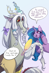 Size: 2616x3888 | Tagged: safe, artist:rico_chan, idw, discord, izzy moonbow, draconequus, pony, unicorn, g5, spoiler:comic, spoiler:g5, spoiler:g5comic, bow, dialogue, dialogue box, duo, hair bow, high res, magic, makeover, mirror, old man discord, pigtails