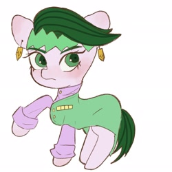 Size: 2048x2048 | Tagged: safe, artist:veryjelly123, earth pony, pony, anime, clothes, high res, jojo's bizarre adventure, male, ponified, raised hoof, rohan kishibe, simple background, solo, stallion, white background