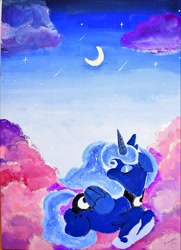 Size: 1819x2509 | Tagged: safe, artist:veryjelly123, princess luna, alicorn, pony, g4, cloud, crescent moon, eyes closed, female, folded wings, horn, lying down, mare, moon, prone, sky, solo, wings
