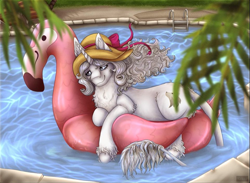 Size: 961x702 | Tagged: safe, artist:szkar, oc, oc only, oc:sumona, bird, classical unicorn, flamingo, pony, unicorn, chest fluff, cloven hooves, ear fluff, female, hat, horn, inflatable, inflatable flamingo, inflatable float, inflatable toy, leonine tail, lying down, mare, pool toy, riding, solo, swimming pool, unshorn fetlocks