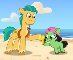 Size: 1230x1020 | Tagged: safe, edit, edited screencap, screencap, hitch trailblazer, slide rule, oc, oc:filly anon, earth pony, pony, alicorn issues, g5, my little pony: tell your tale, spoiler:tyts01e14, beach, duo, female, filly, foal, male, stallion