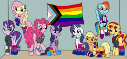 Size: 5350x2500 | Tagged: safe, artist:appleneedle, artist:icicle-niceicle-1517, color edit, edit, applejack, fluttershy, pinkie pie, rainbow dash, rarity, starlight glimmer, sunset shimmer, twilight sparkle, alicorn, earth pony, pegasus, pony, unicorn, g4, asexual, asexual pride flag, bisexual pride flag, bracelet, choker, clothes, collaboration, colored, ear piercing, earring, female, flag, flying, freckles, gay pride flag, grin, homoflexible, homoflexible pride flag, jewelry, lgbt, mane six, mare, missing cutie mark, mouth hold, nail, necklace, pansexual, pansexual pride flag, piercing, pride, pride flag, pride month, pride socks, progressive pride flag, rainbow socks, raised hoof, raised leg, sitting, smiling, socks, spiked choker, striped socks, sweater, twilight sparkle (alicorn)