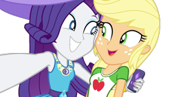 Size: 1280x720 | Tagged: safe, artist:marcoequestrian98, edit, edited edit, edited screencap, screencap, applejack, rarity, human, camping must-haves, equestria girls, g4, my little pony equestria girls: better together, arms behind someone else's back, background removed, clothes, collar, cute, dress, duo, female, freckles, grin, hat, jewelry, missing accessory, necklace, ponytail, rarity peplum dress, selfie, shirt, simple background, smiling, t-shirt, teenager, transparent background, vector
