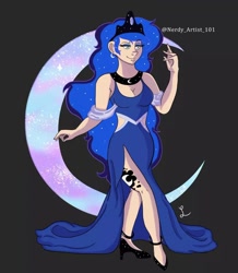 Size: 1080x1241 | Tagged: safe, artist:nerdyartist1013, princess luna, human, g4, clothes, crescent moon, crown, cutie mark on human, dress, ear piercing, earring, female, high heels, humanized, jewelry, moon, piercing, regalia, shoes, side slit, solo, total sideslit