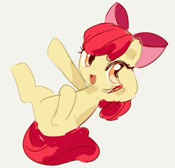 Size: 700x672 | Tagged: safe, artist:ayellustration, apple bloom, earth pony, pony, g4, adorabloom, butt, cute, female, filly, foal, full body, hooves, lying down, on back, open mouth, open smile, plot, simple background, smiling, solo, white background