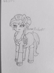 Size: 2591x3455 | Tagged: safe, artist:sodapop sprays, nurse redheart, earth pony, pony, g4, background pony, chest fluff, clothes, combadge, ear fluff, eye, eyes, female, hat, high res, looking at you, mane, mare, nurse, satchel, shoes, skirt, solo, star trek, stockings, thigh highs, traditional art, uniform