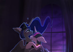 Size: 1550x1095 | Tagged: safe, artist:skyeypony, princess luna, twilight sparkle, alicorn, pony, unicorn, g4, crown, duo, ear fluff, ears back, ethereal mane, eyeshadow, female, floppy ears, heart, holding each other, hoof shoes, hug, jewelry, lesbian, lidded eyes, lightly watermarked, looking at each other, looking at someone, looking down, looking up, makeup, mare, night, night sky, open mouth, partially open wings, peytral, princess shoes, regalia, ship:twiluna, shipping, sky, smiling, sparkly mane, starry mane, tiara, unicorn twilight, watermark, window, wings
