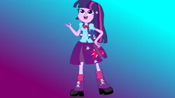 Size: 3264x1836 | Tagged: safe, artist:the double u, twilight sparkle, human, equestria girls, g4, backpack, boots, clothes, gradient background, high heel boots, shirt, shoes, skirt, smiling, solo