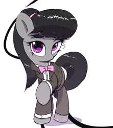 Size: 1848x2088 | Tagged: safe, artist:vultraz, octavia melody, earth pony, pony, g4, bowtie, clothes, cute, drawthread, female, hairband, looking at you, mare, raised hoof, simple background, solo, suit, tavibetes, white background