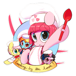 Size: 1920x1920 | Tagged: safe, artist:vultraz, fluttershy, pinkie pie, rainbow dash, twilight sparkle, earth pony, pegasus, pony, unicorn, g4, alternate hairstyle, baking, bowtie, chef's hat, clothes, cooking by the book, costume, dress, female, hat, lazytown, looking at you, mare, pixel (lazytown), simple background, smiling, song in the description, spoon, stephanie meanswell, stingy (lazytown), text, transparent background, ziggy (lazytown)