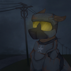 Size: 2300x2300 | Tagged: safe, artist:molars, oc, unnamed oc, earth pony, pony, ashes town, fallout equestria, armor, halo, helmet, high res, rusted, solo, visor
