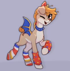 Size: 1680x1707 | Tagged: safe, artist:_alixxie_, oc, oc only, bat pony, pony, chest fluff, clothes, collar, female, mare, one eye closed, socks, solo, spiked collar, striped socks, wink