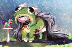 Size: 4890x3198 | Tagged: safe, artist:krissstudios, oc, oc only, pony, absurd file size, chibi, female, frog raincoat, mare, rain, raincoat