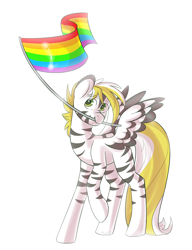 Size: 3000x3900 | Tagged: safe, artist:xwosya, oc, oc:sparrow goon, pegasus, pony, zebra, zebrasus, flag, gay pride flag, high res, long tail, male, pride, pride flag, pride month, raised hoof, simple background, smiling, spread wings, stripes, tail, white background, wings, zebra oc