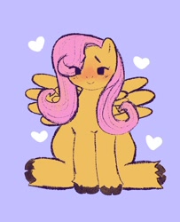 Size: 1080x1332 | Tagged: safe, artist:m00niee3, fluttershy, pegasus, pony, g4, blue background, blushing, cloven hooves, cute, eye clipping through hair, female, heart, looking at you, mare, shyabetes, simple background, sitting, smiling, smiling at you, solo, unshorn fetlocks