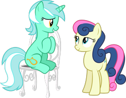 Size: 1571x1216 | Tagged: safe, artist:starryshineviolet, bon bon, lyra heartstrings, sweetie drops, earth pony, pony, unicorn, g4, season 5, slice of life (episode), chair, duo, duo female, female, lesbian, mare, ship:lyrabon, shipping, simple background, sitting, smiling, transparent background, vector