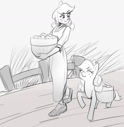 Size: 1615x1657 | Tagged: safe, artist:applephil, applejack, earth pony, human, pony, g4, alternate hairstyle, basket, cute, duo, eyes closed, female, freckles, grayscale, human ponidox, humanized, jackabetes, mare, monochrome, pigtails, saddle basket, self paradox, self ponidox, sketch, smiling, walking