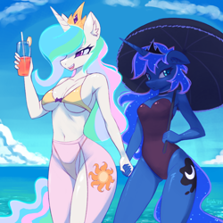 Size: 1512x1512 | Tagged: safe, artist:fajeh, princess celestia, princess luna, alicorn, anthro, absolute cleavage, belly button, bikini, breasts, busty princess celestia, choker, cleavage, clothes, cloud, drink, duo, duo female, ear fluff, female, floppy ears, glass, holding hands, horn, looking at you, ocean, one-piece swimsuit, open mouth, open smile, palindrome get, praise the moon, praise the sun, sarong, see-through, signature, smiling, swimsuit, tail, thong swimsuit, umbrella, underboob, water