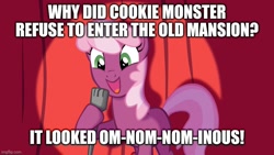 Size: 800x450 | Tagged: safe, cheerilee, earth pony, pony, g4, caption, cheerilee pun, exploitable meme, image macro, meme, nom, pun, solo, stand-up comedy