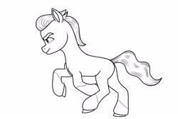 Size: 3048x2048 | Tagged: safe, artist:dancingkinfiend, derpibooru exclusive, sprout cloverleaf, earth pony, pony, g5, my little pony: a new generation, angry, black and white, butt, coat markings, determined, eyebrows down, galloping, grayscale, high res, male, monochrome, plot, running, simple background, socks (coat markings), solo, stallion, wavy hair, wavy mane, white background