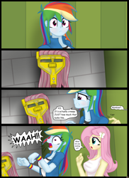 Size: 2975x4092 | Tagged: safe, artist:lennondash, fluttershy, rainbow dash, human, equestria girls, g4, 4 panel comic, breasts, busty fluttershy, clothes, comic, duo, duo female, female, fluttermop, meme, mop, screaming, shirt, speech bubble, tank top, teenager, wristband