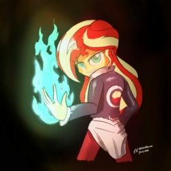 Size: 2000x2000 | Tagged: safe, artist:theratedrshimmer, sunset shimmer, human, equestria girls, g4, clothes, cosplay, costume, eyebrows, eyebrows visible through hair, female, fiery shimmer, fire, fireball, green fire, grin, high res, iori yagami, king of fighters, looking at you, looking back, looking back at you, smiling, smiling at you, snk, solo