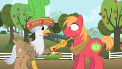 Size: 1280x720 | Tagged: safe, artist:mlp-silver-quill, big macintosh, oc, oc:silver quill, earth pony, hippogriff, pony, after the fact, after the fact:appleoosa's most wanted, g4, apple, apple tree, cactus, cactus hat, duo, hat, horse collar, male, scepter, stallion, sweet apple acres, tree, twilight scepter