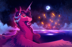 Size: 3802x2500 | Tagged: safe, artist:burgerpaws, princess luna, alicorn, pony, g4, alternate color palette, female, high res, horn, horn jewelry, jewelry, lidded eyes, looking at you, looking back, looking back at you, mare, night, solo