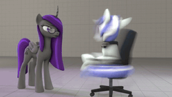 Size: 1280x720 | Tagged: safe, artist:etheria galaxia, oc, oc only, oc:etheria galaxia, oc:scratch wub, alicorn, pony, unicorn, 3d, alicorn oc, animated, chair, curved horn, female, glasses, horn, i have done nothing productive all day, loop, male, mare, no sound, office chair, source filmmaker, spinning, stallion, tail, unamused, unicorn oc, webm, wings, you spin me right round