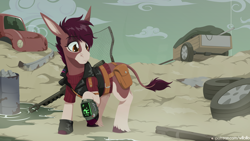 Size: 1920x1080 | Tagged: safe, artist:willoillo, oc, oc only, donkey, fallout equestria, commission, gun, junkyard, solo, weapon