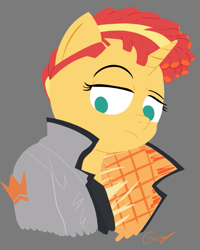 Size: 635x792 | Tagged: safe, artist:realgero, sunset shimmer, unicorn, anthro, g4, alternate hairstyle, bust, clothes, crossover, female, gray background, simple background, solo, valorant, video game reference