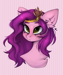 Size: 1843x2190 | Tagged: safe, artist:arisuyukita, pipp petals, pegasus, pony, g5, abstract background, bust, eyebrows, female, frown, glitter, high res, mare, solo