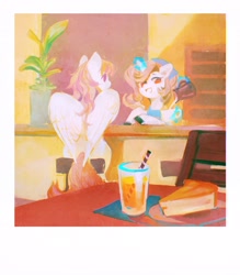 Size: 1796x2048 | Tagged: safe, artist:dearmary, oc, oc only, pegasus, pony, unicorn, back, beautiful, cake, chair, clothes, coffee, female, flower pot, food, juice, mare, polaroid, scarf, sitting, smiling, table, wings