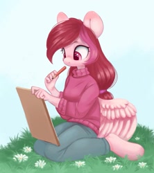 Size: 937x1055 | Tagged: safe, artist:melodylibris, oc, oc only, pegasus, anthro, unguligrade anthro, clothes, cute, female, flower, kneeling, mare, pencil, sketchpad, solo, sweater