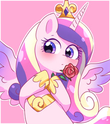 Size: 3000x3400 | Tagged: safe, artist:leo19969525, princess cadance, alicorn, pony, g4, blushing, colored wings, crown, cute, cutedance, eyebrows, eyebrows visible through hair, female, flower, high res, horn, jewelry, mane, mare, pink background, purple eyes, regalia, rose, simple background, solo, spread wings, wings