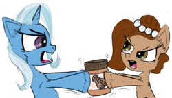 Size: 574x329 | Tagged: safe, artist:chopsticks, edit, trixie, oc, oc:brownie bun, earth pony, pony, unicorn, horse wife, g4, angry, argument, chest fluff, cropped, ear fluff, female, food, horn, mare, peanut butter, simple background, tug of war, unshorn fetlocks, white background