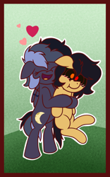 Size: 1200x1920 | Tagged: safe, artist:thebadbadger, earth pony, pegasus, pony, blushing, floating heart, heart, hug, open mouth, smiling