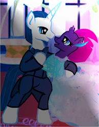Size: 700x900 | Tagged: safe, artist:decokenite, artist:personarescuerescape, chancellor neighsay, fizzlepop berrytwist, tempest shadow, pony, unicorn, g4, base used, broken horn, canterlot, canterlot castle, clothes, dancing, dress, duo, female, gala, gala dress, horn, male, mare, shipping, stallion, straight, suit, tempest neighsay, tuxedo