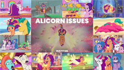 Size: 1280x721 | Tagged: safe, edit, edited screencap, editor:quoterific, screencap, hitch trailblazer, izzy moonbow, jazz hooves, pipp petals, rocky riff, sunny starscout, zipp storm, alicorn, earth pony, pegasus, pony, unicorn, alicorn issues, g5, my little pony: tell your tale, spoiler:g5, spoiler:my little pony: tell your tale, spoiler:tyts01e14, :o, cucumber, eyes closed, female, flying, food, glitter, grin, looking at each other, looking at someone, male, mane five (g5), mare, open mouth, race swap, shrunken pupils, sleeping, smiling, smiling at each other, spread wings, stallion, sunnycorn, text, wings