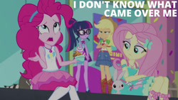 Size: 1280x720 | Tagged: safe, edit, edited screencap, editor:quoterific, screencap, angel bunny, applejack, fluttershy, pinkie pie, sci-twi, twilight sparkle, human, rabbit, raccoon, equestria girls, g4, my little pony equestria girls: better together, tip toppings, tip toppings: fluttershy, animal, applejack's hat, belt, boots, bowtie, clothes, cowboy boots, cowboy hat, crossed arms, cutie mark on clothes, denim skirt, female, fluttershy boho dress, froyo, geode of fauna, geode of sugar bombs, geode of super strength, geode of telekinesis, glasses, hairpin, hat, jewelry, magical geodes, male, necklace, open mouth, ponytail, rah rah skirt, shoes, skirt, text