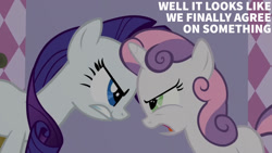 Size: 1280x720 | Tagged: safe, edit, edited screencap, editor:quoterific, screencap, rarity, sweetie belle, pony, unicorn, g4, season 2, sisterhooves social, belle sisters, carousel boutique, duo, female, filly, foal, mare, open mouth, siblings, sisters, text