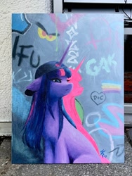 Size: 1536x2048 | Tagged: safe, artist:katputze, twilight sparkle, pony, unicorn, g4, backwards ballcap, baseball cap, cap, female, graffiti, hat, mare, painting, solo, traditional art, unicorn twilight